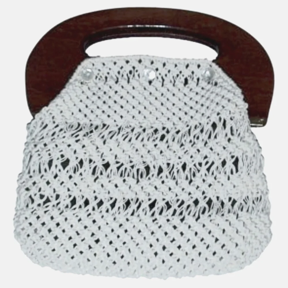 Vintage 1980's Handbag Macrame with Wooden Handle, Rare Vintage